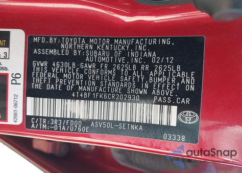 2012 Toyota Camry Le z USA, uszkodzony, nr VIN 4T4BF1FK6CR202930